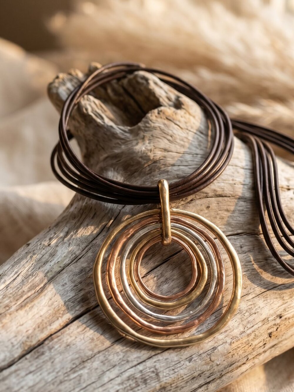 Vintage Chico's Gold Copper Silver Tone 5-Hoop Pendant Brown Multi-Cord Necklace